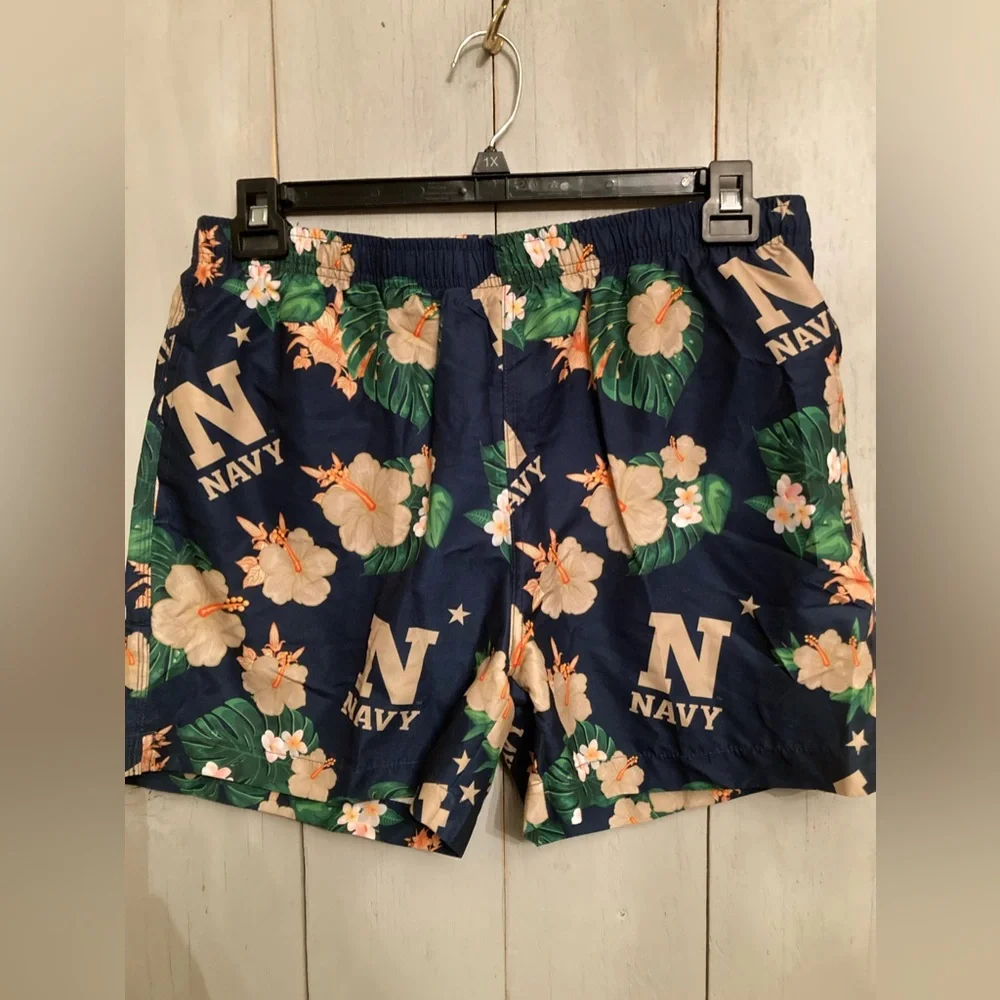 Navy Aloha Print LSwim Trunks Mens Large Shorts Blue 100% collegiate License New